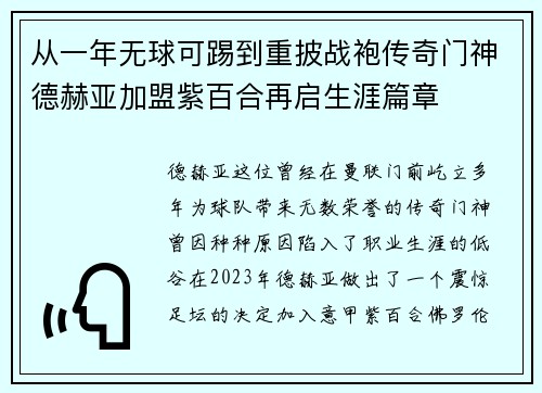 从一年无球可踢到重披战袍传奇门神德赫亚加盟紫百合再启生涯篇章